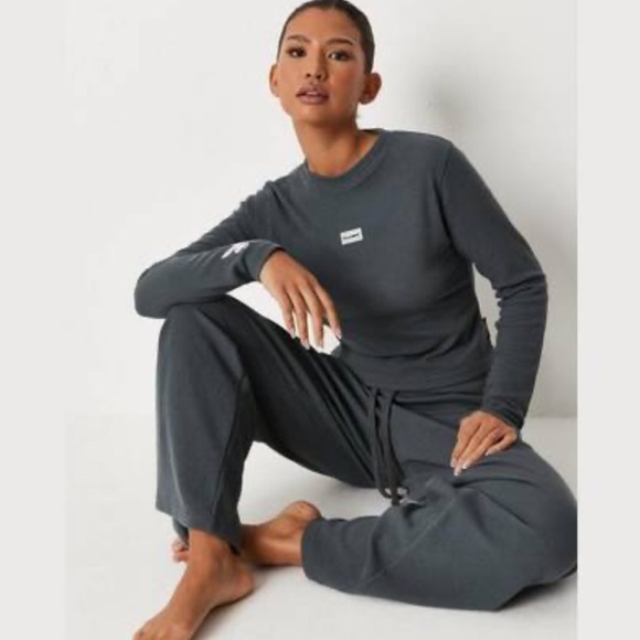 PLAYBOY Pants - Playboy x Missguided Grey Waffle Crop Top And Joggers Gray Long Sleeve Comfy